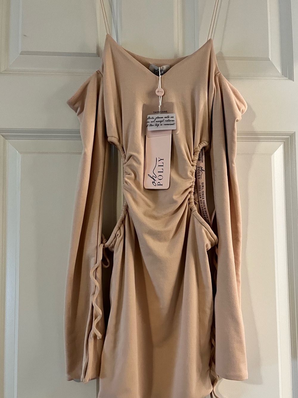 Oh Polly Blush Cut Out Ruched Sides Off Shoulder Long Sleeve Mini Dress New 0